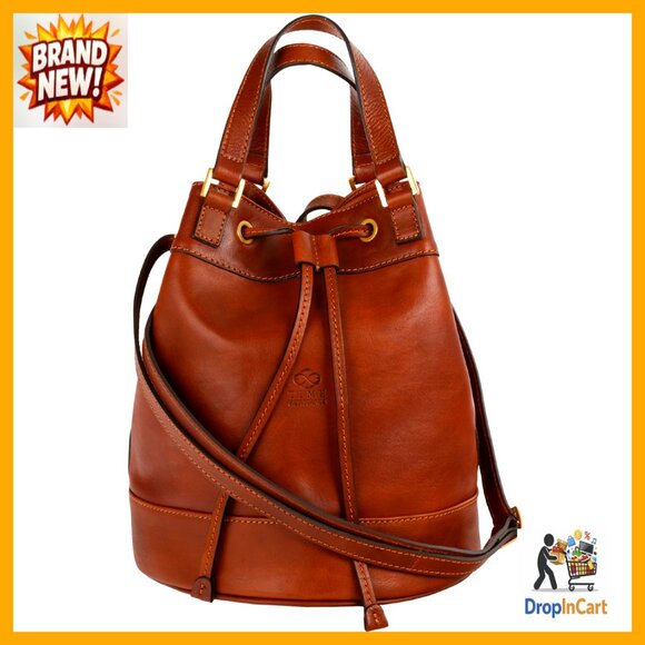 Full Grain Leather Bucket Tote Bag Adjustable Strap Drawstring Closure Classic
